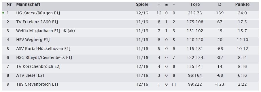 Handball Tabelle 12. Spieltag Saison 2013 2014 E1 HG Kaarst Büttgen