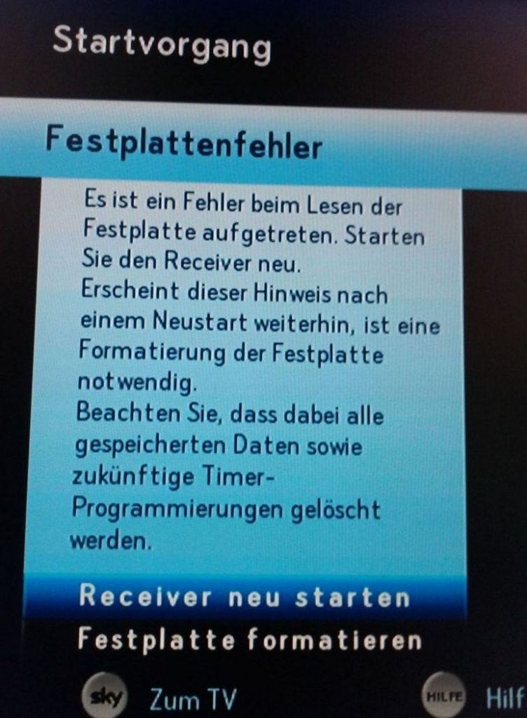 Sky Festplattenfehler Beim Hd Satellitenreceiver