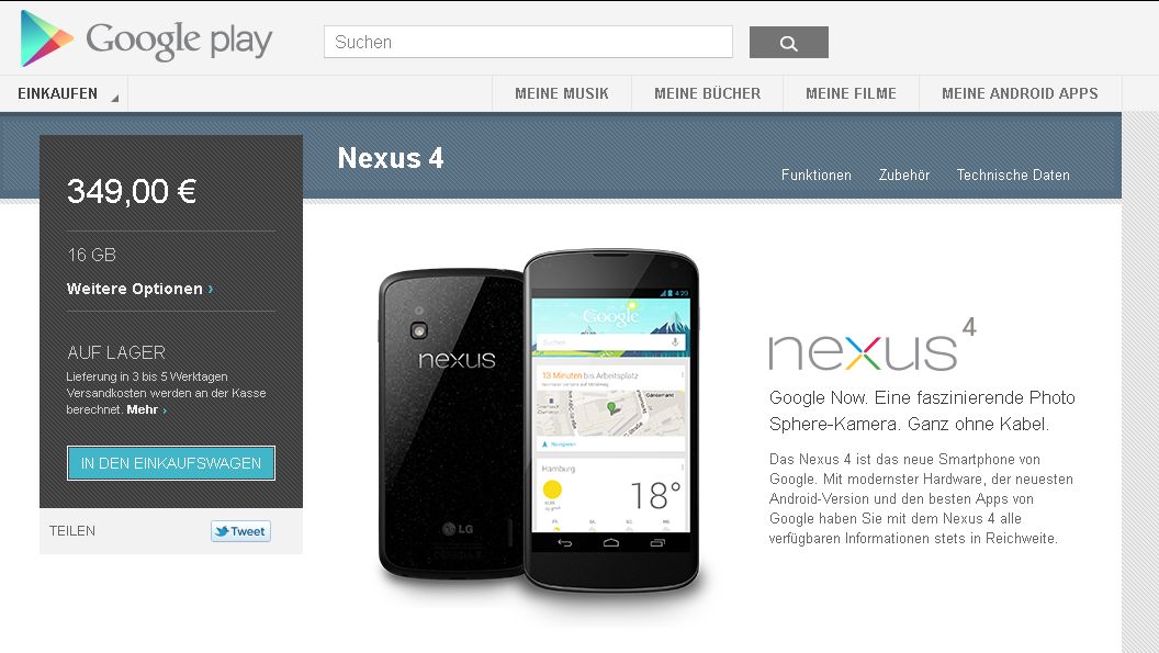 Nexus 4 (16 GB) - Google Play - Warenkorb